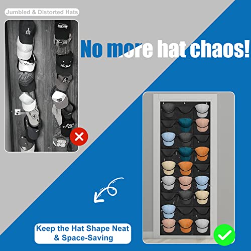 27 Pockets Hat Rack For Baseball Caps, Baseball Hat Organizer for Wall/Over the Door, Caps Hat Holder Hanger For Closet With Large Clear Pockets & 3 Hooks, Hat Storage to Protect and Display (Black)