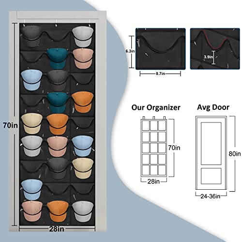 27 Pockets Hat Rack For Baseball Caps, Baseball Hat Organizer for Wall/Over the Door, Caps Hat Holder Hanger For Closet With Large Clear Pockets & 3 Hooks, Hat Storage to Protect and Display (Black)