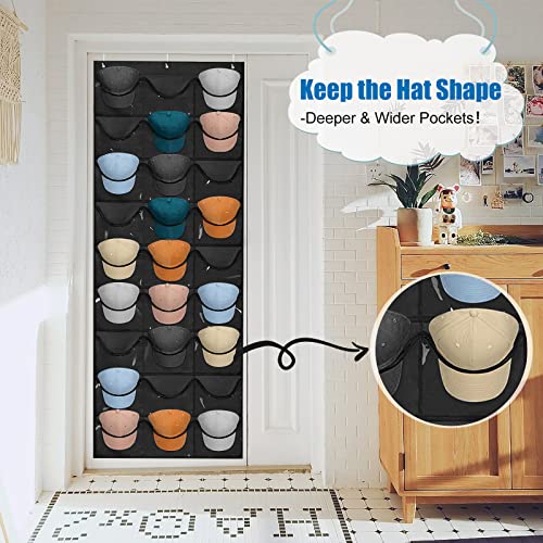 27 Pockets Hat Rack For Baseball Caps, Baseball Hat Organizer for Wall/Over the Door, Caps Hat Holder Hanger For Closet With Large Clear Pockets & 3 Hooks, Hat Storage to Protect and Display (Black)