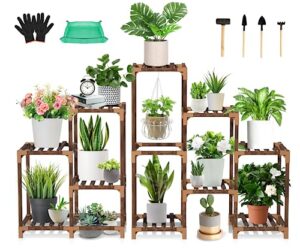 uneedem wood plant stand indoor outdoor corner plant shelf stand, 5 tiered 10 potted flower plant stands for indoor plants multiple, plant shelves stands rack for living room, patio, balcony