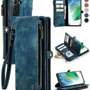 Defencase Samsung Galaxy S21 FE Case, Galaxy S21 FE 5G Case Wallet for Women Men, Durable PU Leather Magnetic Flip Lanyard Strap Wristlet Zipper Card Holder Wallet Case for Samsung S21 FE, Blue-Green