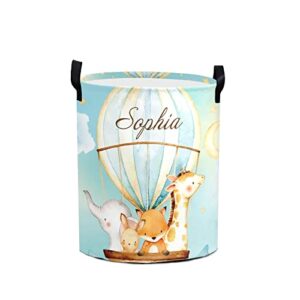 hot air balloon animals large laundry basket custom name foldable clothes bag collapsible fabric laundry hamper folding washing bin for gift, 19.69''(height)x14.17''(diameter)