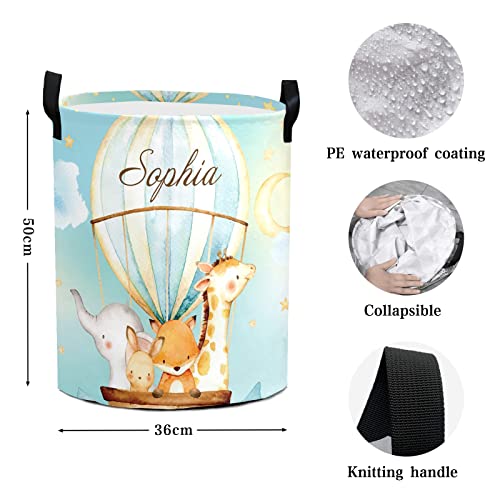 Hot Air Balloon Animals Large Laundry Basket Custom Name Foldable Clothes Bag Collapsible Fabric Laundry Hamper Folding Washing Bin for Gift, 19.69''(height)x14.17''(diameter)