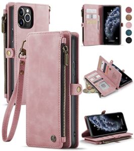 defencase iphone 11 pro max wallet case, pu leather magnetic flip, wristlet strap, zipper card holder, 6.5", rose pink