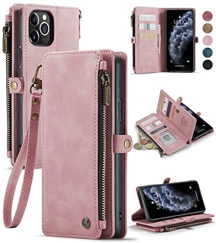 Defencase iPhone 11 Pro Max Wallet Case, PU Leather Magnetic Flip, Wristlet Strap, Zipper Card Holder, 6.5", Rose Pink