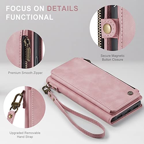 Defencase iPhone 11 Pro Max Wallet Case, PU Leather Magnetic Flip, Wristlet Strap, Zipper Card Holder, 6.5", Rose Pink