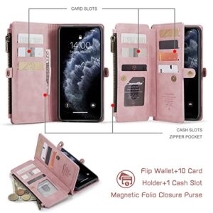 Defencase iPhone 11 Pro Max Wallet Case, PU Leather Magnetic Flip, Wristlet Strap, Zipper Card Holder, 6.5", Rose Pink