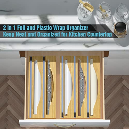 DNTGVUP Office Tape Dispensers - 2 in 1 Foil and Plastic Wrap Organizer with Cutter and Label, Plastic Wrap, Aluminum Foil Paper Dispenser for Kitchen Drawer, Organizer Holder Compatible with 12" Roll