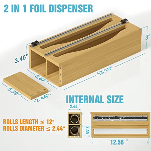 DNTGVUP Office Tape Dispensers - 2 in 1 Foil and Plastic Wrap Organizer with Cutter and Label, Plastic Wrap, Aluminum Foil Paper Dispenser for Kitchen Drawer, Organizer Holder Compatible with 12" Roll