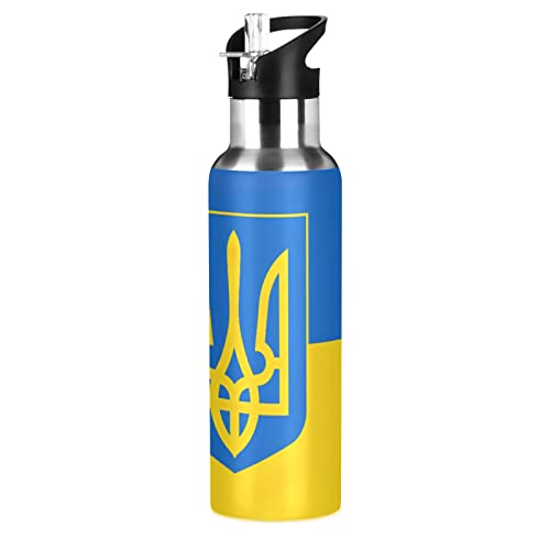 Stainless Steel Water Bottle with New Wide Handle Straw Lid Ukraine Flag National Emblem Portable Sport Bottle 20 Oz