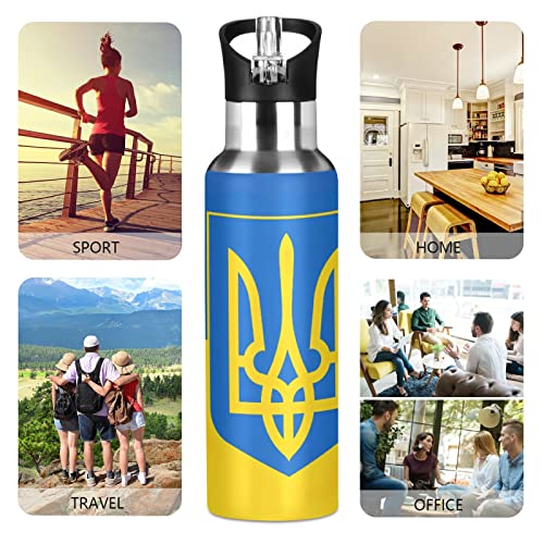 Stainless Steel Water Bottle with New Wide Handle Straw Lid Ukraine Flag National Emblem Portable Sport Bottle 20 Oz