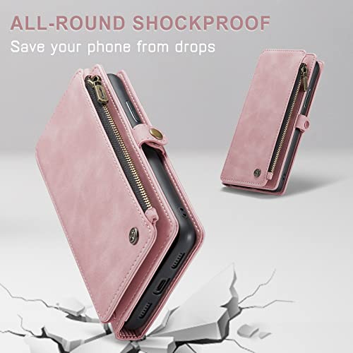 Defencase iPhone 11 Pro Wallet Case - Durable Leather, Magnetic Flip, Lanyard Strap, Zipper Card Holder, 5.8" - Rose Pink