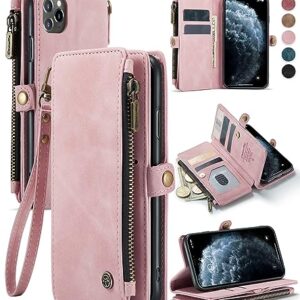 Defencase iPhone 11 Pro Wallet Case - Durable Leather, Magnetic Flip, Lanyard Strap, Zipper Card Holder, 5.8" - Rose Pink