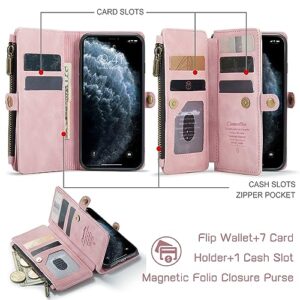 Defencase iPhone 11 Pro Wallet Case - Durable Leather, Magnetic Flip, Lanyard Strap, Zipper Card Holder, 5.8" - Rose Pink