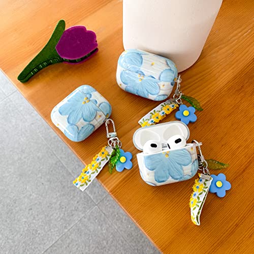 Compatible with AirPods 3rd Generation 2021 IMD Case Cover, Blue Floral Case for Women Girls Cute Soft Cover Accessories with Pendant for AirPods 3 Case