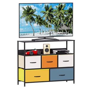 llappuil small tv stand dresser for bedroom, kids dressers with 5 fabric storage drawers for clothes, wide dresser chest of drawers nightstand tv stand up to 45 inch, multicolor
