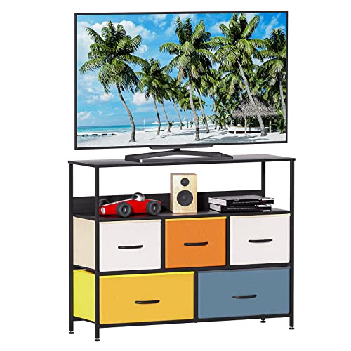 LLappuil Small TV Stand Dresser for Bedroom, Kids Dressers with 5 Fabric Storage Drawers for Clothes, Wide Dresser Chest of Drawers Nightstand TV Stand up to 45 inch, Multicolor