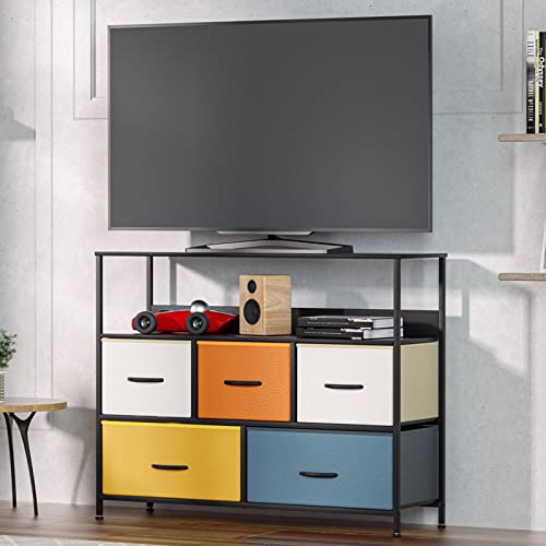 LLappuil Small TV Stand Dresser for Bedroom, Kids Dressers with 5 Fabric Storage Drawers for Clothes, Wide Dresser Chest of Drawers Nightstand TV Stand up to 45 inch, Multicolor