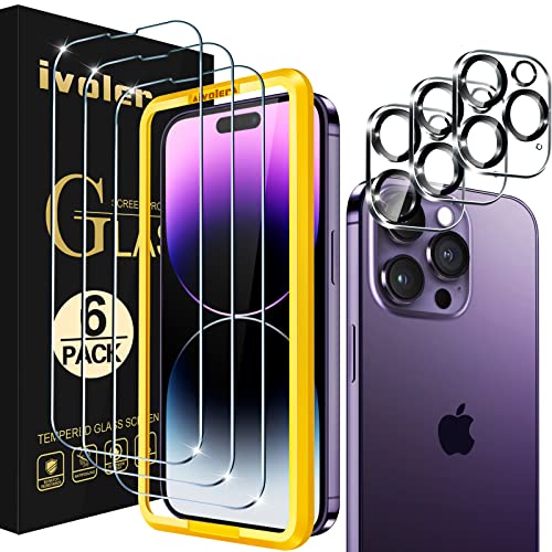 ivoler [3+3 Pack] Tempered Glass for iPhone 14 Pro Max Screen Protector 6.7'' [3 Pack] with [3 Pack] Camera Lens Protector with [Alignment Frame], Anti-Scratch Case Friendly Transparent HD Clear Film