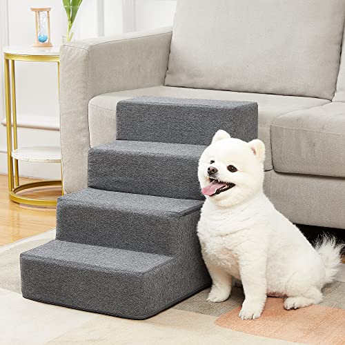 Dog Stairs & Steps for Small Dogs Cats, Pawque Pet Steps for High Bed Couch, Shock Absorbing Foam with High-Strength Boards for Pet Safe, Non-Slip Removable Washable Cover, 4-Step ( 18'' High)