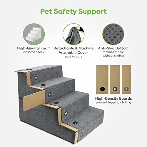 Dog Stairs & Steps for Small Dogs Cats, Pawque Pet Steps for High Bed Couch, Shock Absorbing Foam with High-Strength Boards for Pet Safe, Non-Slip Removable Washable Cover, 4-Step ( 18'' High)