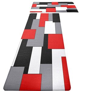 fnlndo red black grey white kitchen rugs and mats set of 2 cushioned anti fatigue kitchen rugs set geometric non-skid washable kitchen mats for kitchen sink laundry