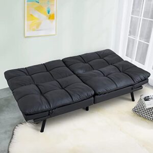 Hcore Convertible Futon Sofa Bed,Black Leather Memory Foam Loveseat Futons Sofa Couch,Small Euro Lounger Sofa for Compact Living Spaces,Apartment,Dorm,Studio,Guest Room, Home Office/Black Leather