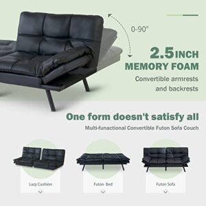 Hcore Convertible Futon Sofa Bed,Black Leather Memory Foam Loveseat Futons Sofa Couch,Small Euro Lounger Sofa for Compact Living Spaces,Apartment,Dorm,Studio,Guest Room, Home Office/Black Leather