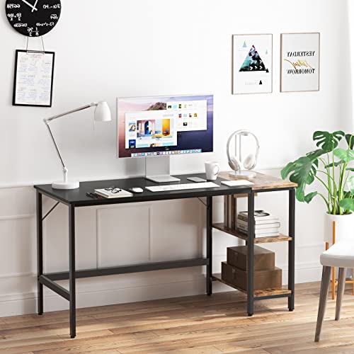 SogesHome 55inches Home Office Desk Computer PC Desk with Industrial 3-Tier Storage Shelves, Working Gaming Desk Study Desk Workstation Writing Table for Bedroom Living Room, School, Apartment