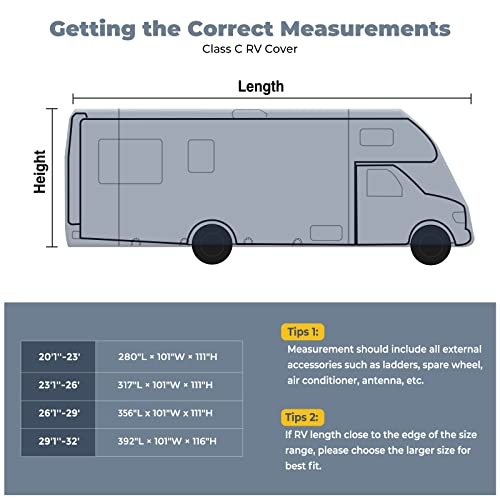 RVMasking 7 Layers top Class C RV Cover Rip-Stop Waterproof Camper Cover Fits 29'1''-32' Motorhome-Anti-UV Windproof Breathable with 4 Tire Covers & Gutter Covers,Gray