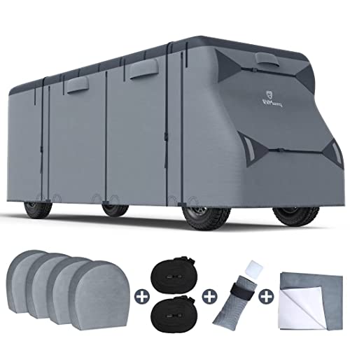 RVMasking 7 Layers top Class C RV Cover Rip-Stop Waterproof Camper Cover Fits 29'1''-32' Motorhome-Anti-UV Windproof Breathable with 4 Tire Covers & Gutter Covers,Gray