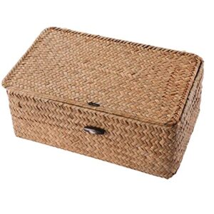 rattan storage basket hand-woven storage basket multipurpose container with lid for desktop home decor (l)