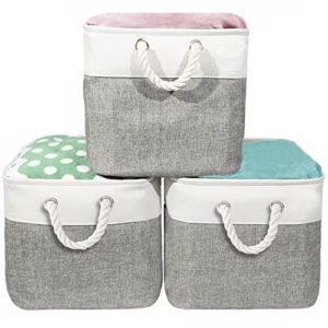 cozyaver storage baskets for shelves, 13x 13x 13 inch fabric cube organizing closet nursery toy decorative linen organizers with cotton handles, 3 pack white and grey