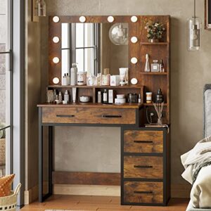 tiptiper vintage makeup vanity with lights in 3 colors, vanity table with charging station of 2 usb ports and outlets, vanity desk with large mirror, drawers and shelves, rustic brown and black