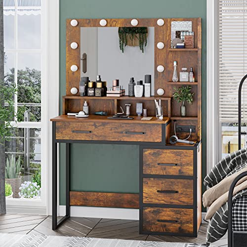Tiptiper Vintage Makeup Vanity with Lights in 3 Colors, Vanity Table with Charging Station of 2 USB Ports and Outlets, Vanity Desk with Large Mirror, Drawers and Shelves, Rustic Brown and Black