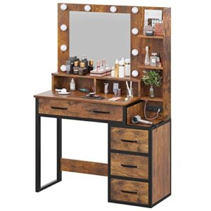 Tiptiper Vintage Makeup Vanity with Lights in 3 Colors, Vanity Table with Charging Station of 2 USB Ports and Outlets, Vanity Desk with Large Mirror, Drawers and Shelves, Rustic Brown and Black