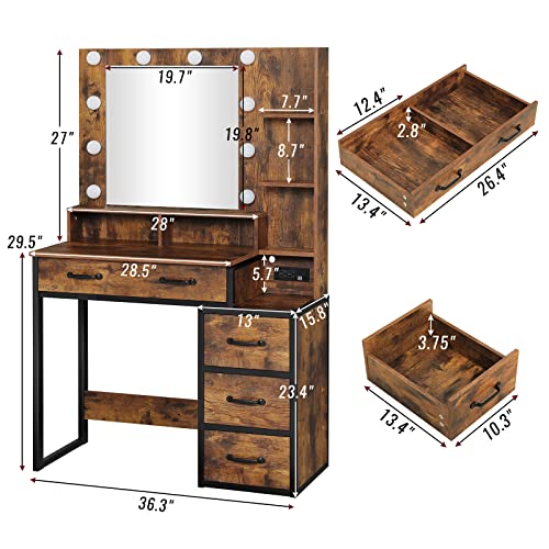 Tiptiper Vintage Makeup Vanity with Lights in 3 Colors, Vanity Table with Charging Station of 2 USB Ports and Outlets, Vanity Desk with Large Mirror, Drawers and Shelves, Rustic Brown and Black