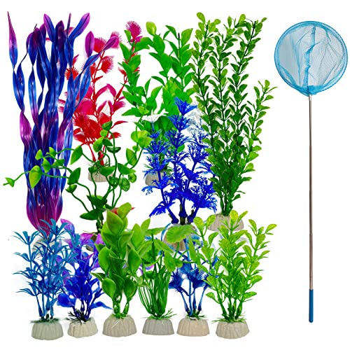 BKDMZZMY Fish Tank Plants, 12PCS Aquarium Plants with Extend Fish Tank Net Artificial Fish Tank Decorations Fish Tank Realistic Plastic Accessories Safe for Fish, Aquarium Plastic Decor Plants