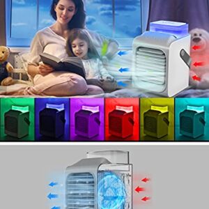 TANING Portable Air Conditioner, Personal Mini Air Cooler, 3 in 1 90° Automatic Head-Shaking Rechargeable Evaporative Air Cooler, 3 Fan Speed, 7 Colors LED Lights Cycle Gradient