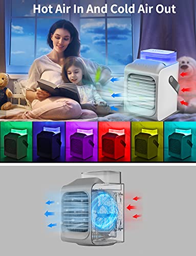 TANING Portable Air Conditioner, Personal Mini Air Cooler, 3 in 1 90° Automatic Head-Shaking Rechargeable Evaporative Air Cooler, 3 Fan Speed, 7 Colors LED Lights Cycle Gradient