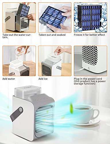 TANING Portable Air Conditioner, Personal Mini Air Cooler, 3 in 1 90° Automatic Head-Shaking Rechargeable Evaporative Air Cooler, 3 Fan Speed, 7 Colors LED Lights Cycle Gradient