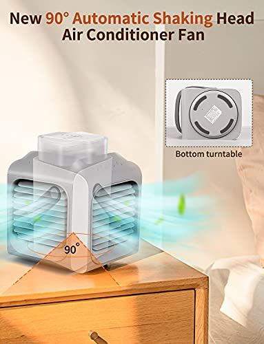 TANING Portable Air Conditioner, Personal Mini Air Cooler, 3 in 1 90° Automatic Head-Shaking Rechargeable Evaporative Air Cooler, 3 Fan Speed, 7 Colors LED Lights Cycle Gradient