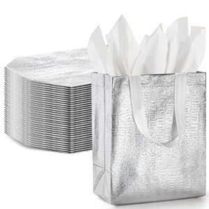 elsjoy 40 pack glossy reusable grocery bags, 10 x 8 inch non-woven tote shopping bags with handle, silver shiny gift bags stylish shopping bags for birthday, wedding, party, business