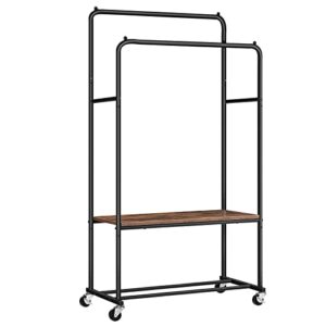 hoobro garment rack, rolling clothing rack with shelf, heavy duty double rods clothes rack on wheels, hanging rack for clothes, shoes,storage display, bf22ly01