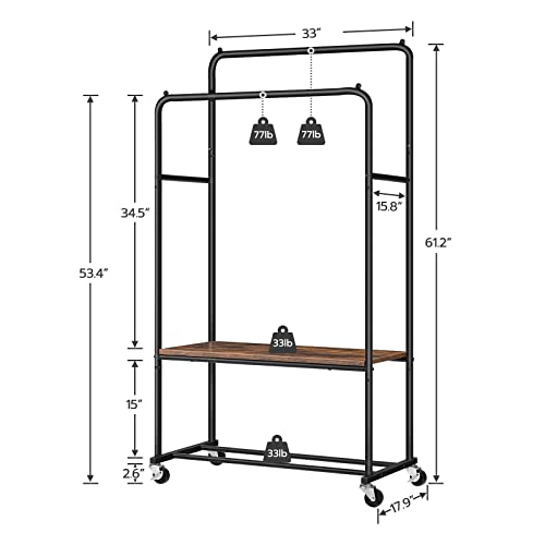 HOOBRO Garment Rack, Rolling Clothing Rack with Shelf, Heavy Duty Double Rods Clothes Rack on Wheels, Hanging Rack for Clothes, Shoes,Storage Display, BF22LY01