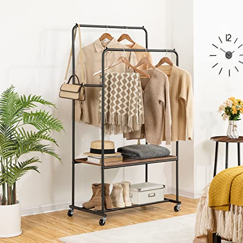 HOOBRO Garment Rack, Rolling Clothing Rack with Shelf, Heavy Duty Double Rods Clothes Rack on Wheels, Hanging Rack for Clothes, Shoes,Storage Display, BF22LY01