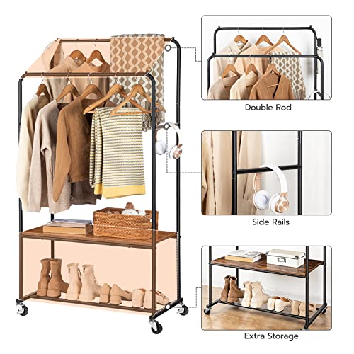 HOOBRO Garment Rack, Rolling Clothing Rack with Shelf, Heavy Duty Double Rods Clothes Rack on Wheels, Hanging Rack for Clothes, Shoes,Storage Display, BF22LY01