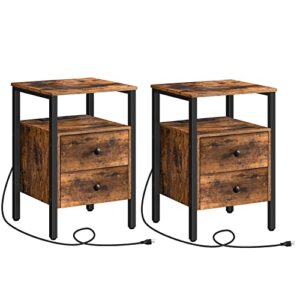 hoobro end table with charging station and usb ports, side table with drawers and storage shelf, set of 2, bedside table for small spaces, living room, rustic brown bf431bzp201