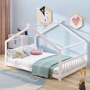 harper & bright designs full size house bed for kids, wooden house bed frame with headboard and footboard, house floor bed with slat support, no box spring needed (white)
