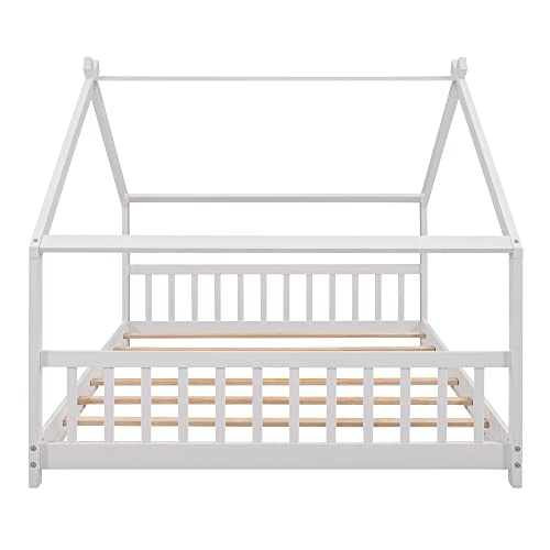 Harper & Bright Designs Full Size House Bed for Kids, Wooden House Bed Frame with Headboard and Footboard, House Floor Bed with Slat Support, No Box Spring Needed (White)